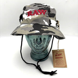 NEW RAW Rolling Papers Grey Camo Canvas Drawstring Bucket Hat Adult L 22.75"